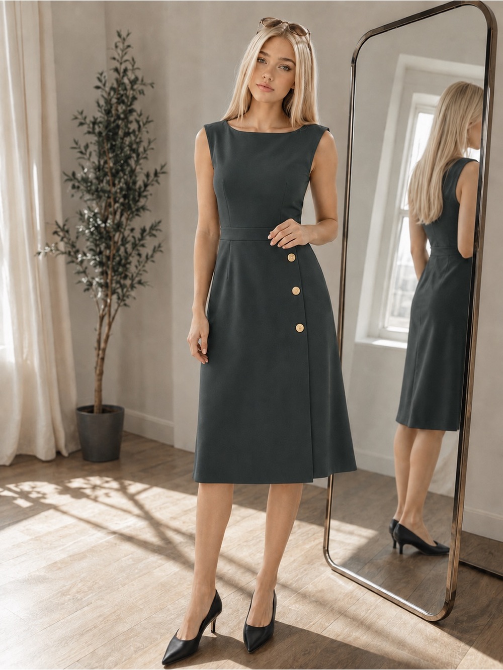 H&M Classic Black Sleeveless A-Line Dress with Gold Button Detail